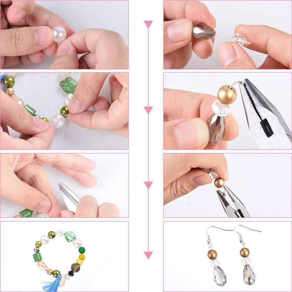 Materials Set for Bracelets showing hands stringing beads and assembling earrings with pliers
